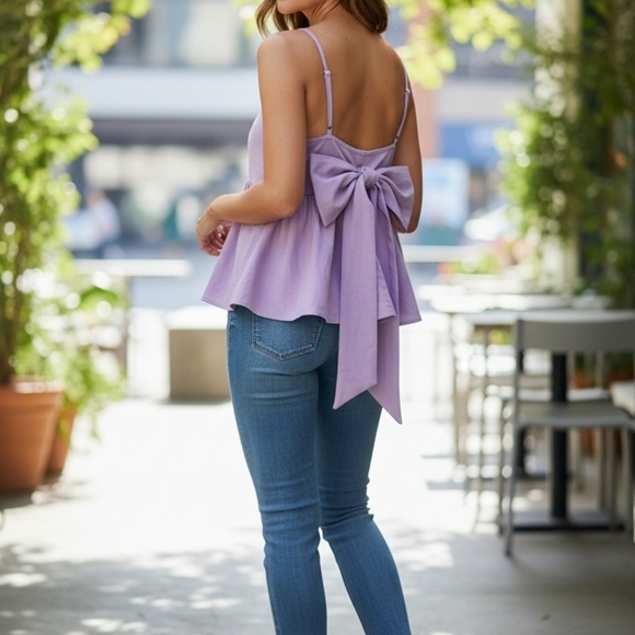 SHEIN Tops - Shein Mod Lavender womans Size 8 medium Bow Tie‎ Blouse Women  100% Polyester